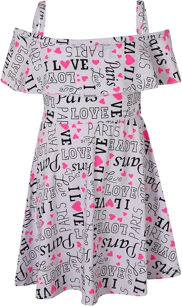 Kids Girls Off Shoulder Dress I Love Paris Print Summer Party Outfit Dresses