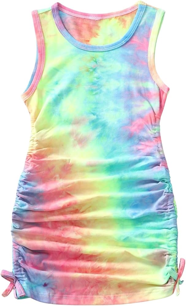 SHENHE Girl's Tie Dye Sleeveless Ruched Summer Dress Drawstring Crew Neck Bodycon Cute Tank Dress