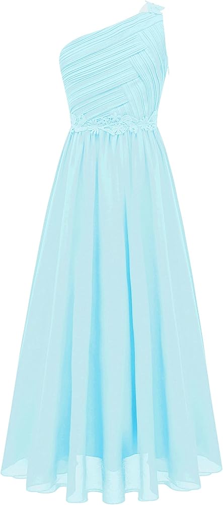 CHICTRY Girls One Shoulder Ruched Long Maxi Junior Bridesmaid Dress for Wedding Evening Party Light Blue 10 Years