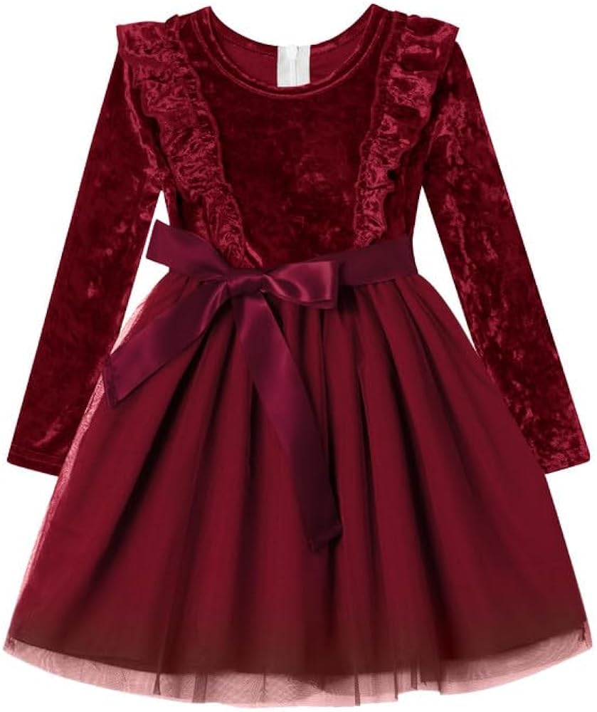 Christmas Baby Little Girls Velvet Ruffle Long Sleeve Tulle Midi Dress