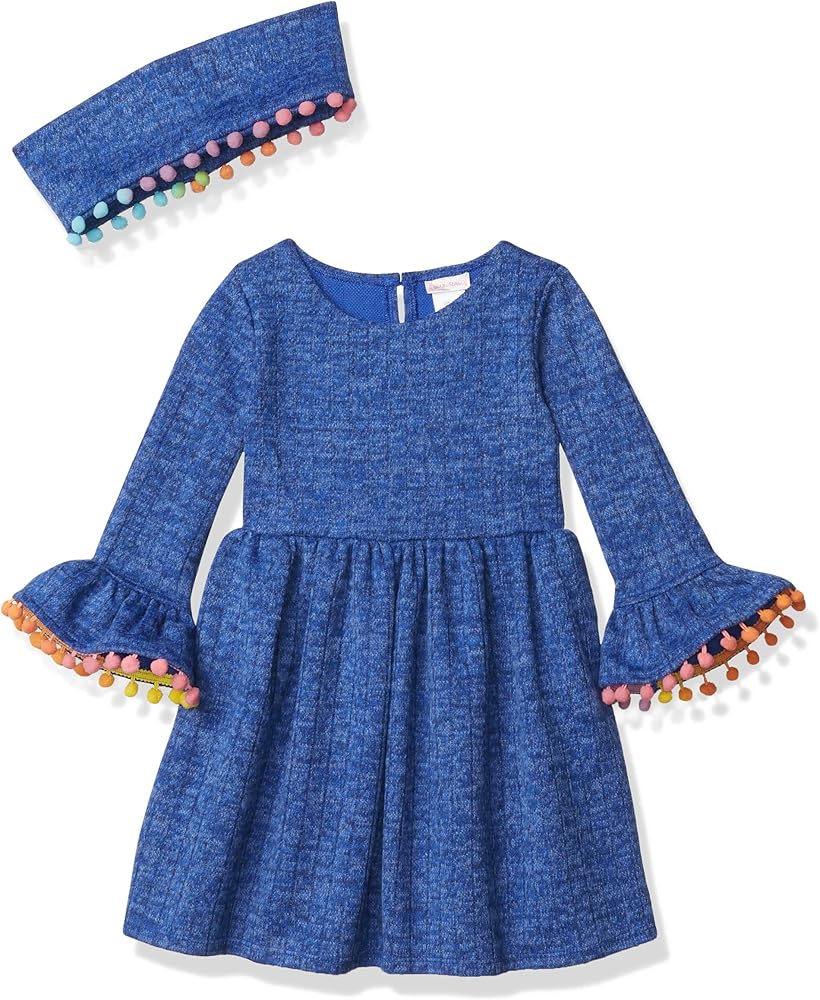 Youngland Girls' Brushed Knit Bell Sleeve Pompom Trim Dress and Scarf, 2-Piece Outfit Set, Blue, 4