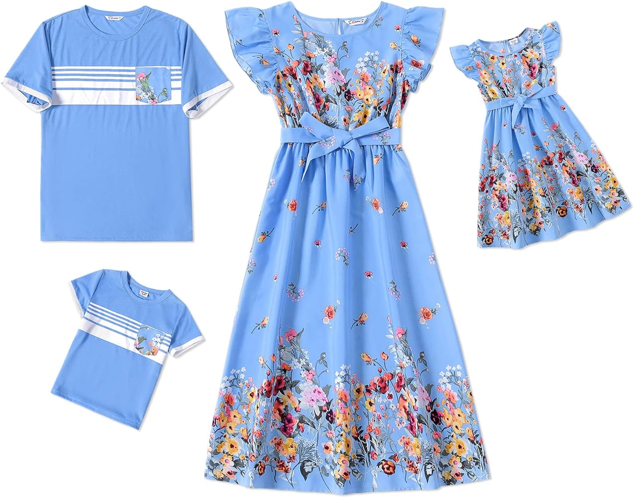 PATPAT Family Matching Outfits Mother Daughter Ruffle Flutter-Sleeve Bowknot Dresses and Short-Sleeve T-Shirts Sets