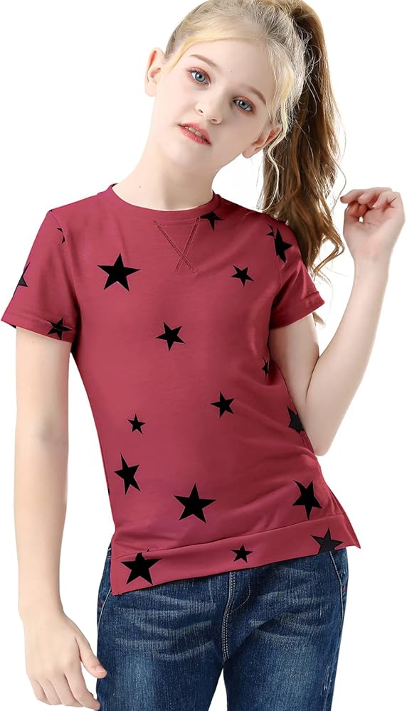 Jetfree Girls Tops Tees Blouses Crewneck Long Sleeve Shirts Star Pullover Tops Soft Polyester Striped Casual Tees