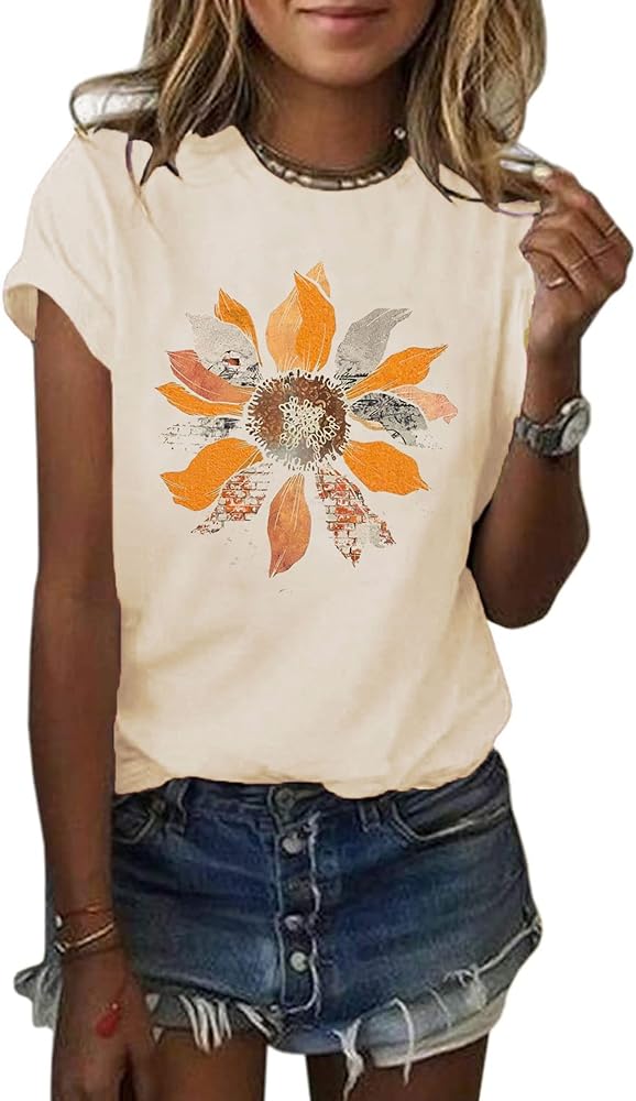 Anbech Womens Dandelion Graphic T-Shirts Teen Girls Cute Sunflower Print Casual Tee Tops