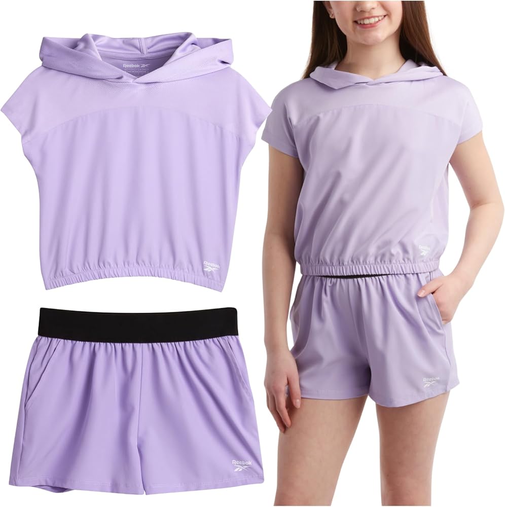 Reebok Girls' Shorts Set - 2 Piece Mesh Short Sleeve Hooded T-Shirt and Athletic Shorts - Summer Activewear for Girls (7-12)