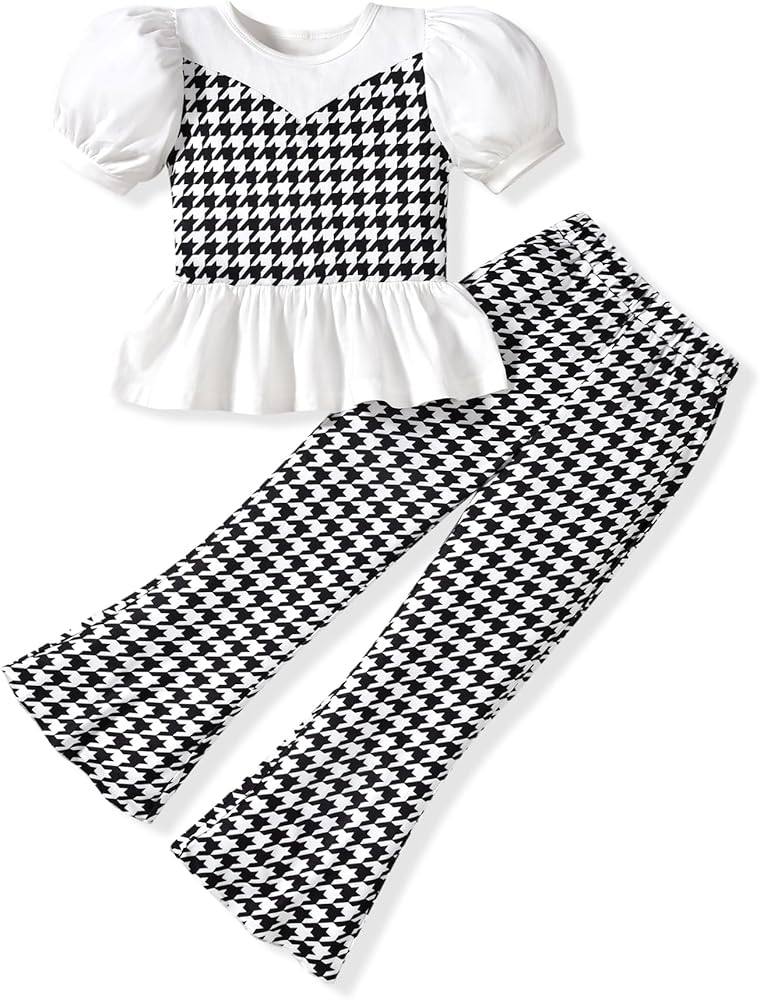 HIHA Toddler Girls Summer Outfit Puff Sleeve Ruffle Tops Flare Pants Clothes 2 Piece Clothing