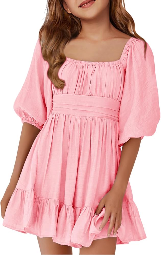 Girls Summer Dresses Square Neck Lantern Sleeve Tie Backless Ruffle A-Line Party Mini Dress