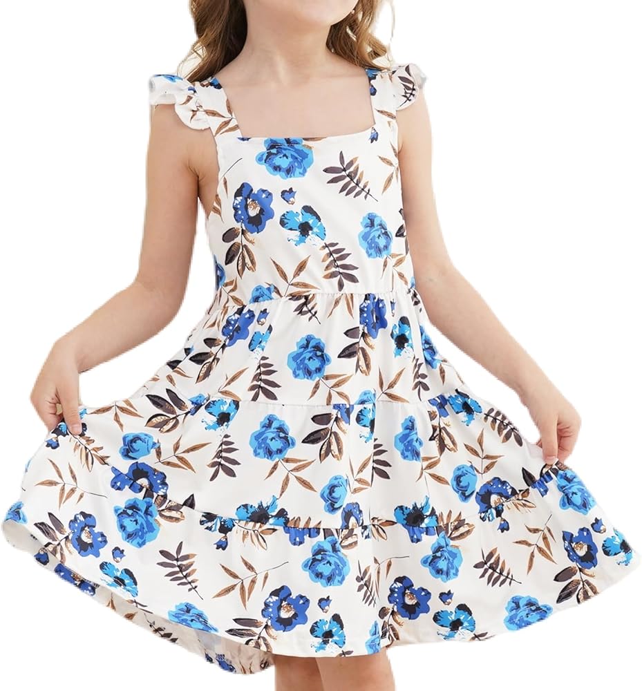 Girls Summer Dress Floral Ruffle Sleeve Sundress Tiered Swing Midi Beach Dress Casual A-line Dresses 18M-7T