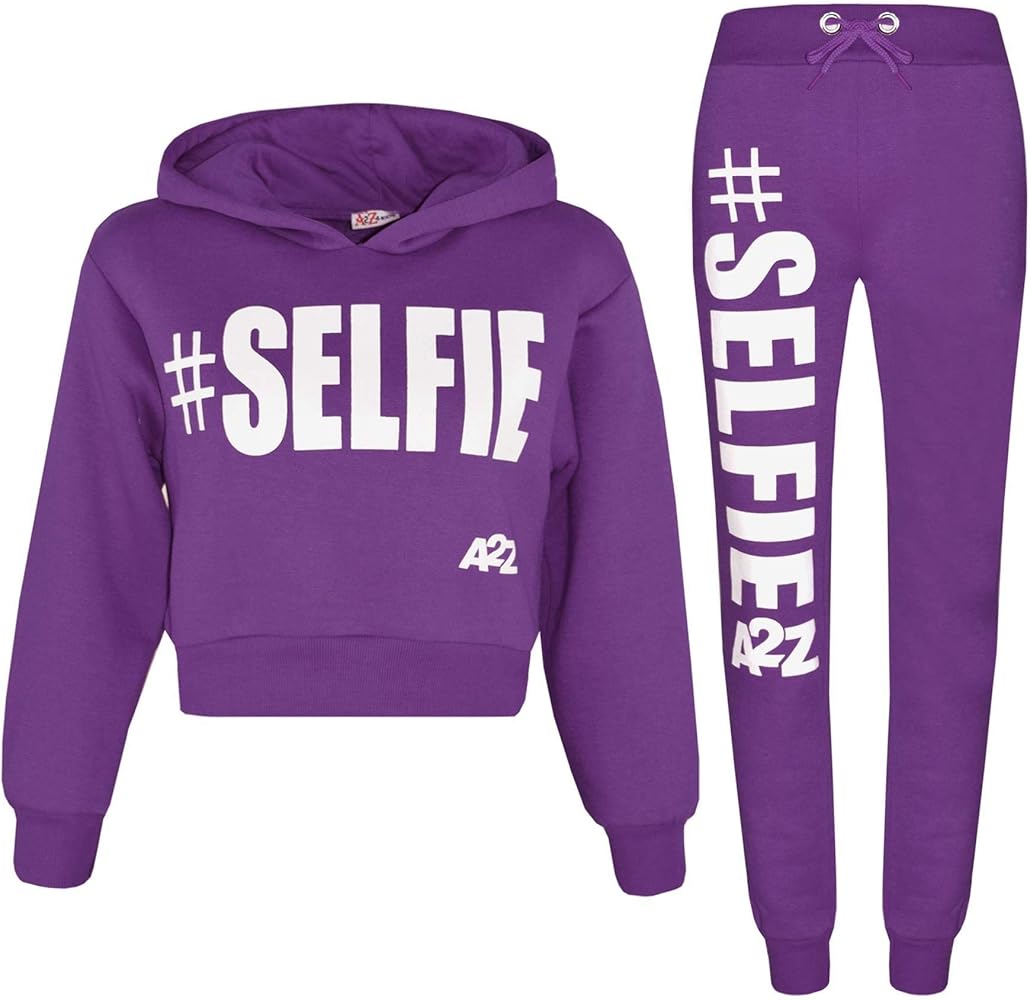 Kids Girls Tracksuit Designer #Selfie Hooded Crop Top & Bottom Jog Suit 5-13 Yr