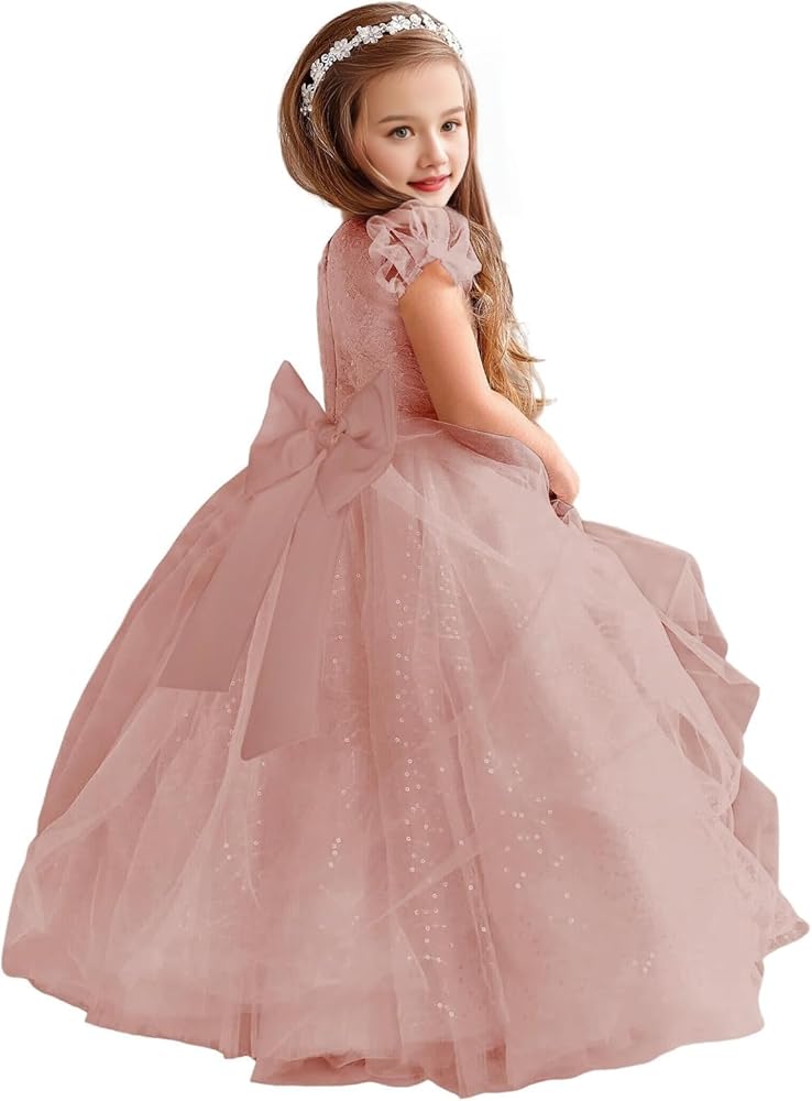 lace Tulle Flower Girl Dresses for Wedding Pageant Ball Gown Dresses with Bow-Knot