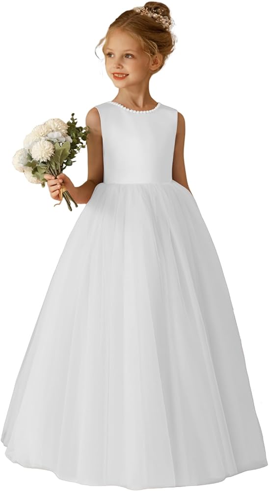 Elegant O-Neck Flower Girl Dress for Wedding Girl's Pearls Formal First Communion Dresses with Bowknot