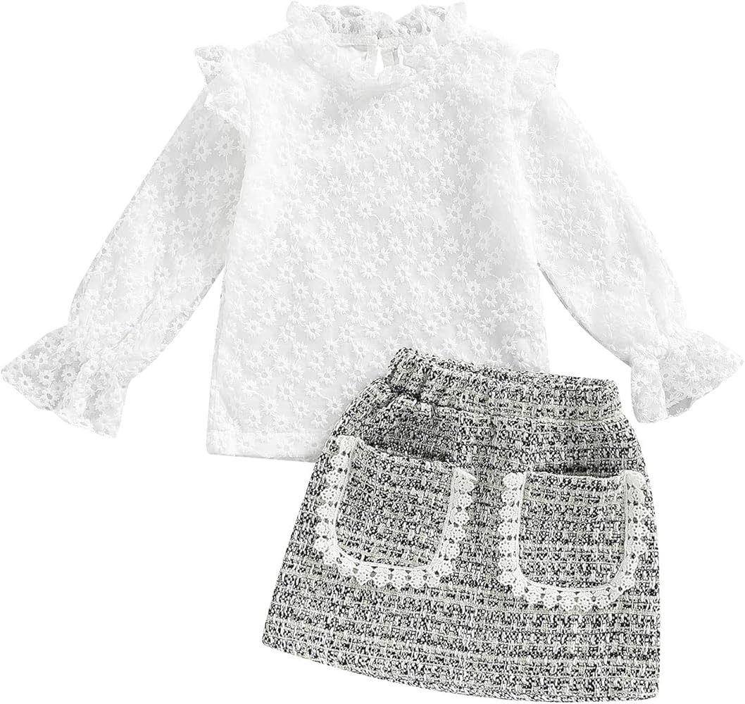 SHIBAOZI Kids Girls Clothes Set 2pcs Lace Floral White Long Sleeve Blouse Tops Pockets Plaid Tweed Skirt Spring Fall Outfits