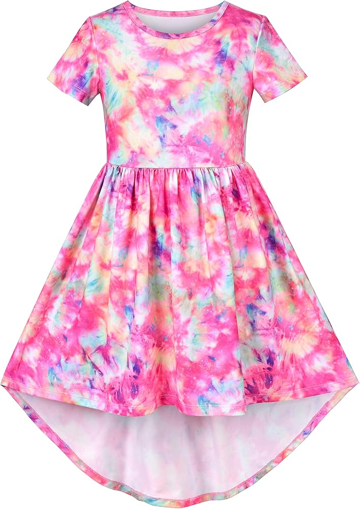 Sunny Fashion Girls Dress High-Low Fairy Hem Tie-dye Style Casual Short Sleeve