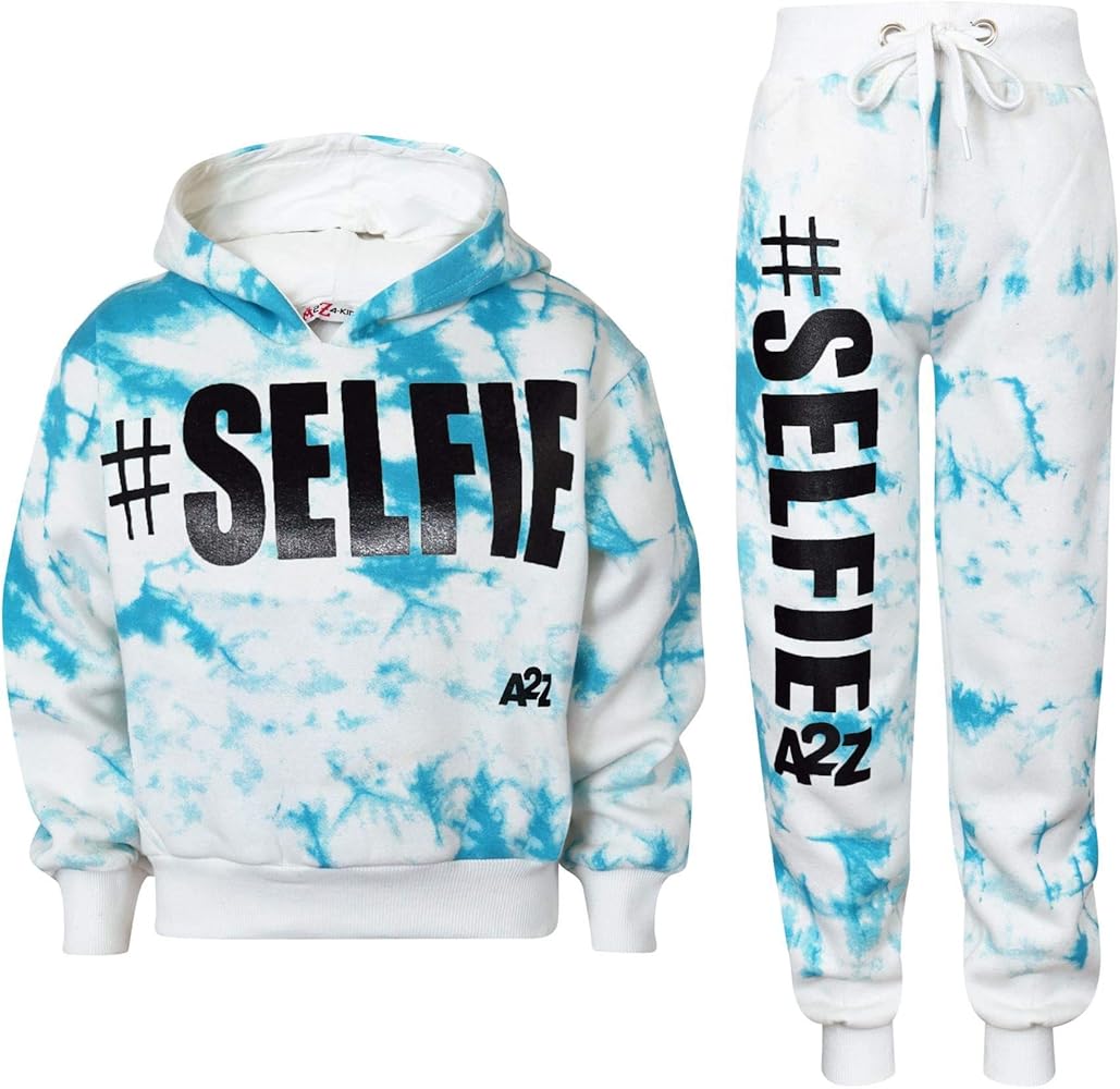 Kids #SELFIE Tie Dye Tracksuit Crop Hoodie Sweatpants Co-ord Set Girls Age 5-13