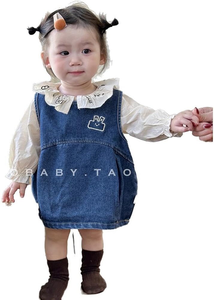 Spring Toddler Girls' Denim Dress and Embroidered Shirt Set, Korean Collar, 2-Piece Outfit, Various Sizes/Colors