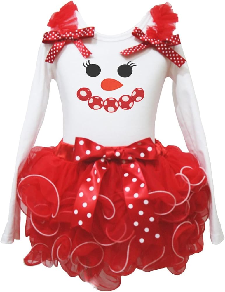 Christmas Dress Snowman Face White L/s Shirt Red Petal Skirt Dress Girl Set 1-8y