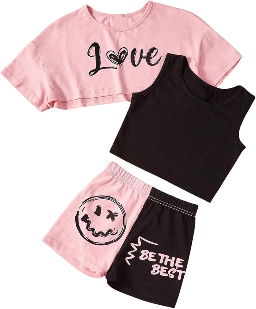 WDIRARA Girl's 3 Piece Letter Print Crop Tank Tops and Short Sleeve Shirts Clothing Set with Color Block Shorts