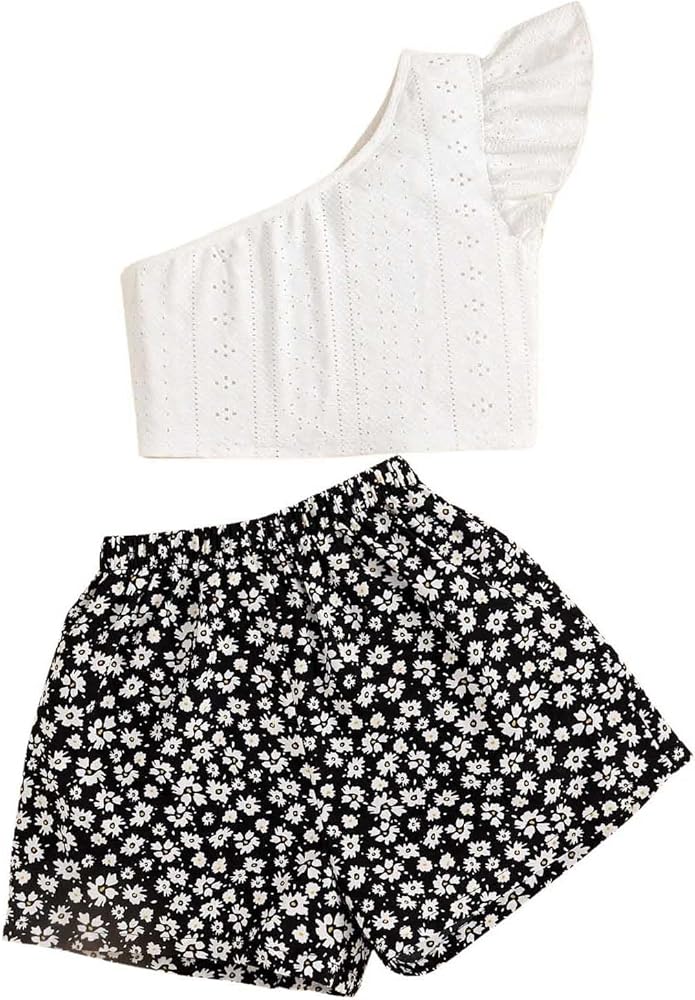 SHENHE Girl's Summer Outfits One Shoulder Ruffle Sleeve Eyelet Crop Top and Floral Shorts Set