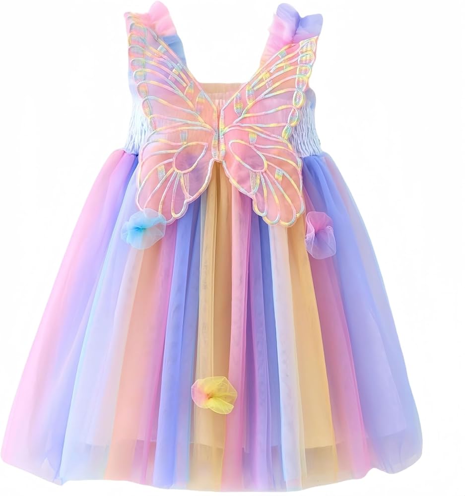 Baby Girls Layered Tulle Dress, Sleeveless Princess Tutu Dress with Back Butterfly,Strap Mesh Fluffy Flower Casual Sundress