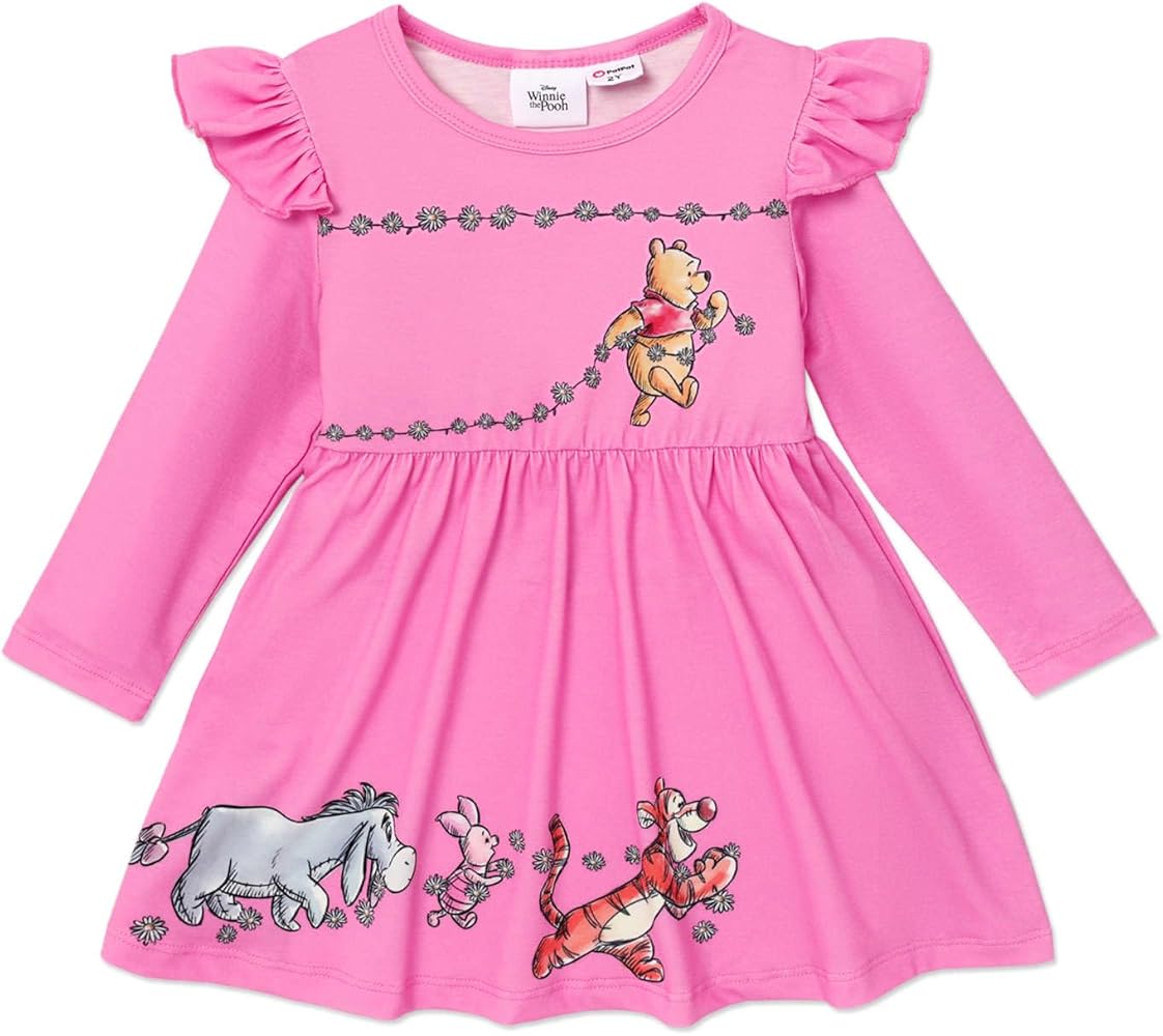 Disney Winnie The Pooh Toddler Girls Dress Print Long Sleeves Ruffled Playwear Dress 2-6 Years