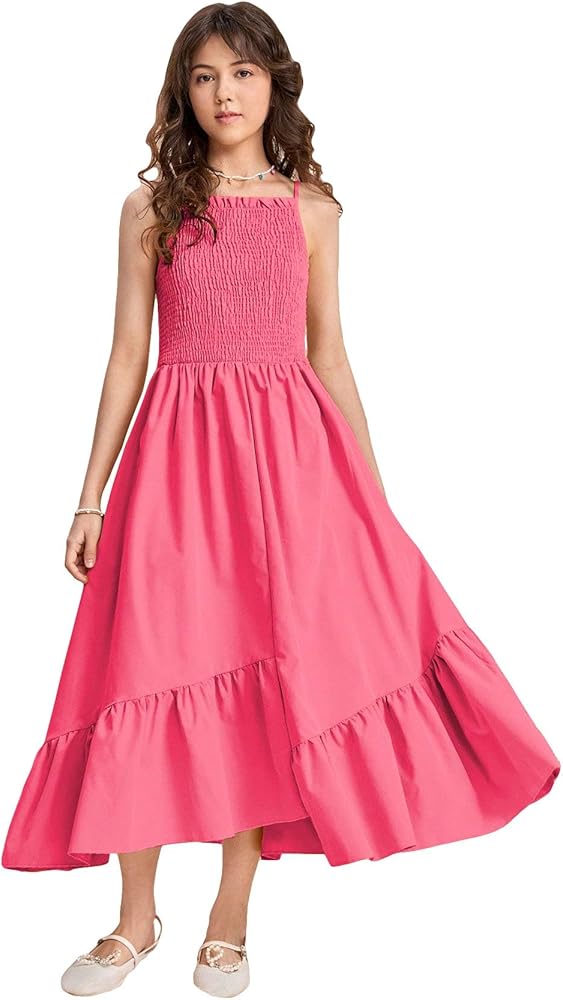 OYOANGLE Girl's Spaghetti Strap Shirred Ruffle Hem A Line Maxi Cami Dress Summer Party Dresses