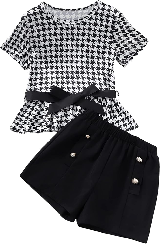 WDIRARA Girl's 2 Piece Houndstooth Belted Short Sleeve Top and Button Shorts Set