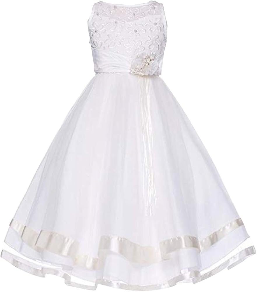 Kids Dream Girls 9/10 White Lace Trim Mesh First Communion Dress