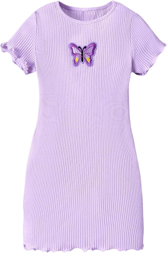 Girl's Short Sleeve Butterfly Embroidery Short Dress Slim Fit Ribbed Knit Bodycon Pencil Dresses