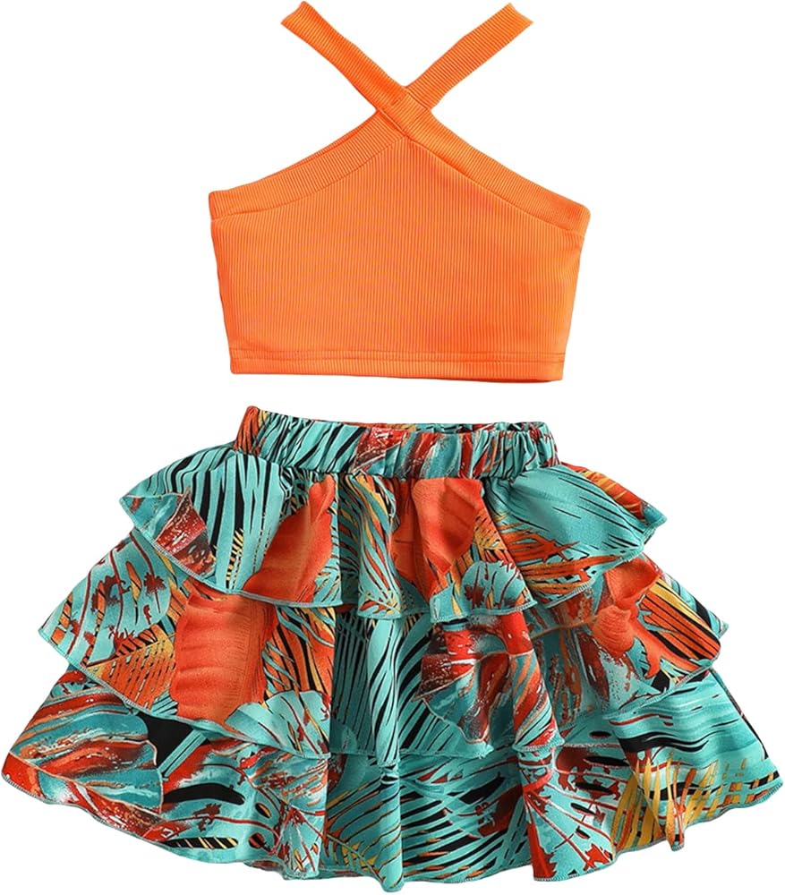 WDIRARA Toddler Girl's 2 Piece Outfit Crisscross Halter Top and Tropical Print Layered Ruffle Skirt Set