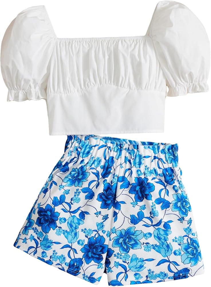 Girl's Shorts Sets 2 Piece Half Sleeve Square Neck Ruched Pullover Tee Top and Floral Print Shorts