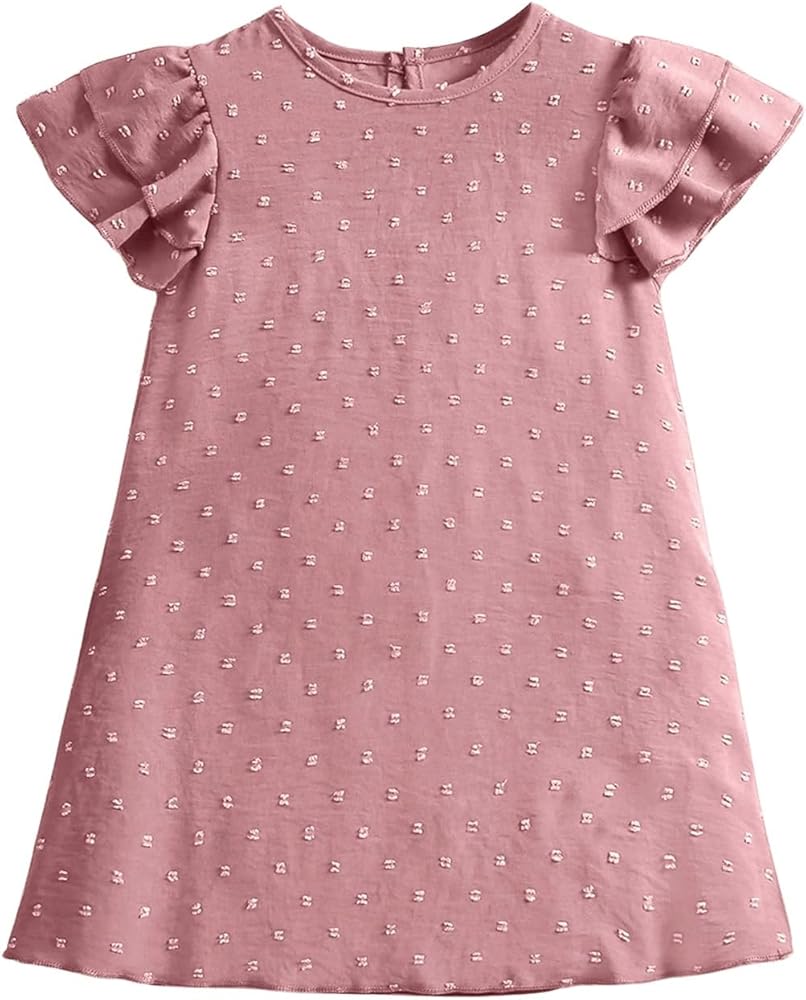 OYOANGLE Girl's Swiss Dots Ruffle Sleeve Dress Round Neck A Line Summer Mini Dress