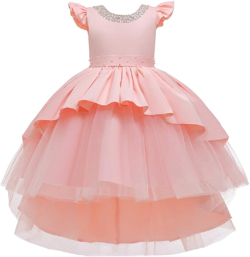 Quenny Children's Wedding Princess Dress,Girls' Tailing Sequined bat Sleeves Evening Dresses.