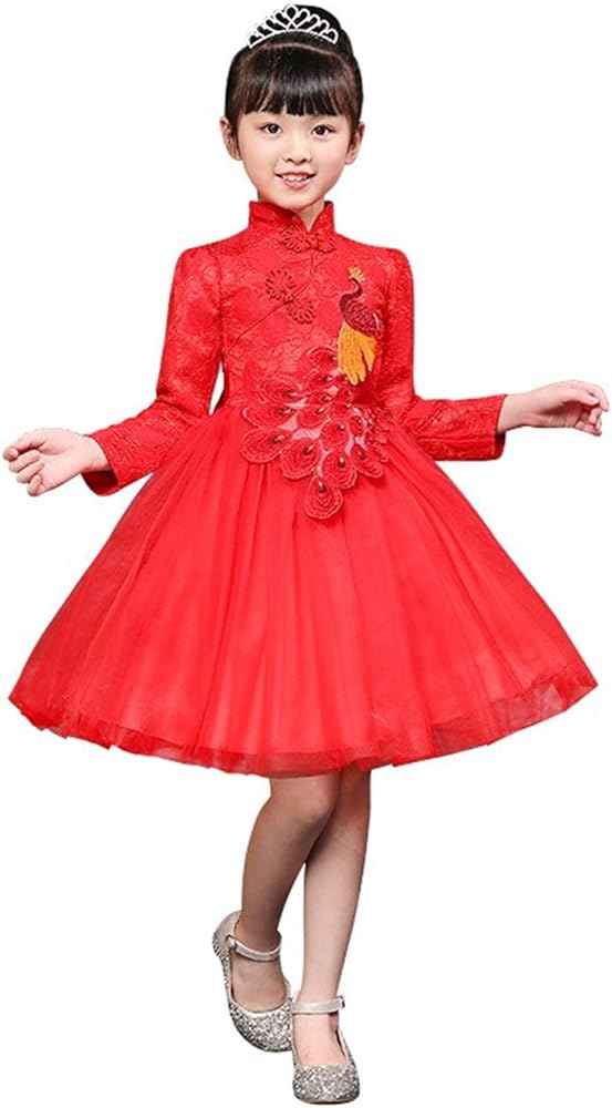 Girls Chinese Cheongsam Tutu Dresses Retro Embroidery Princess Dresses for Age 3-10Years