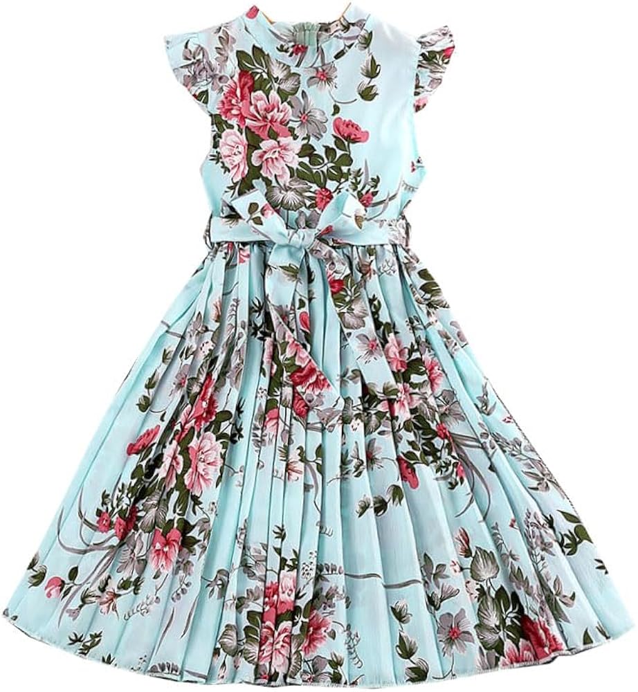 Girl Ruffle Sleeve Floral Dress Casual Pleated Casual A-line Swing Dresses