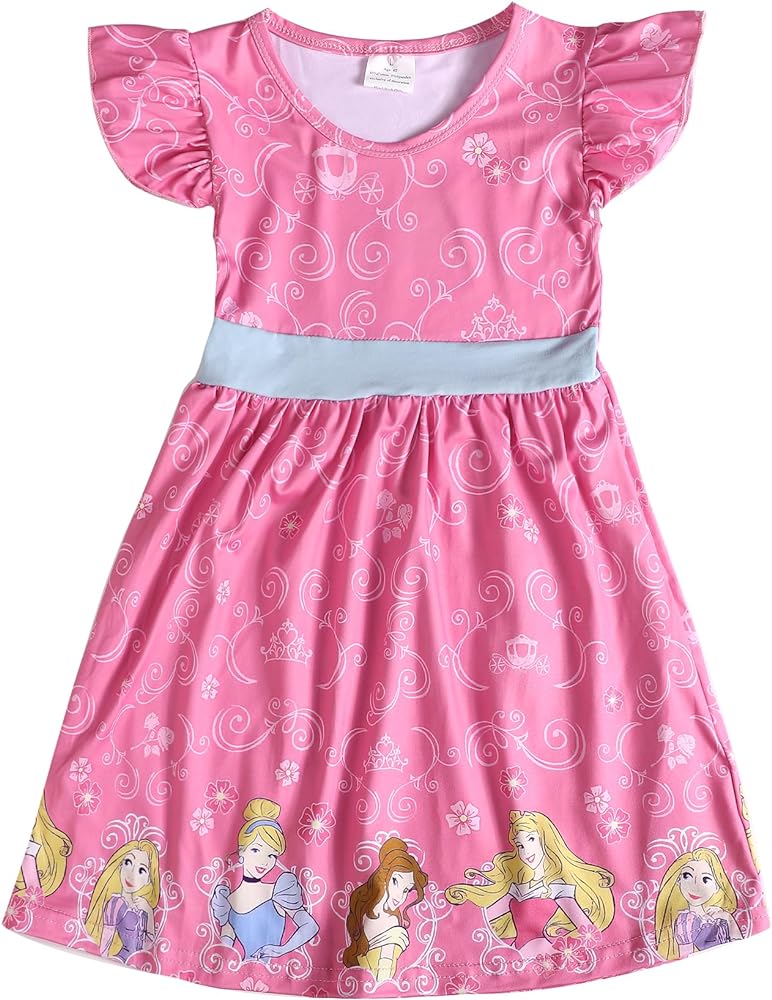 Toddler Girls Princess Cartoon Twirl Dress Ruffle Bottom Summer Flutter Sleeves Clothes 2-3T