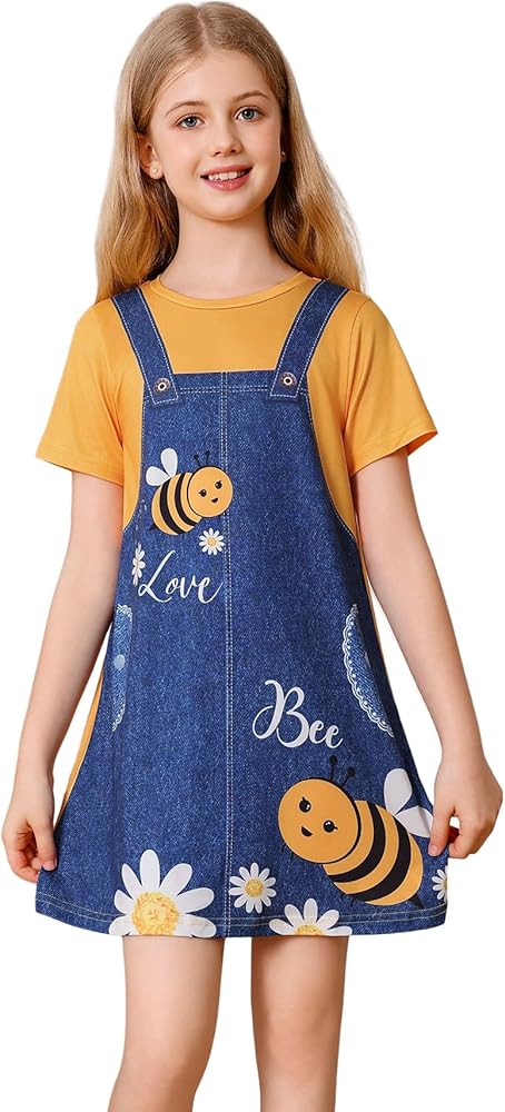 Girl's Cartoon Bee Short Sleeve Overall Dress Cute Round Neck Knee Length Loose Dresses