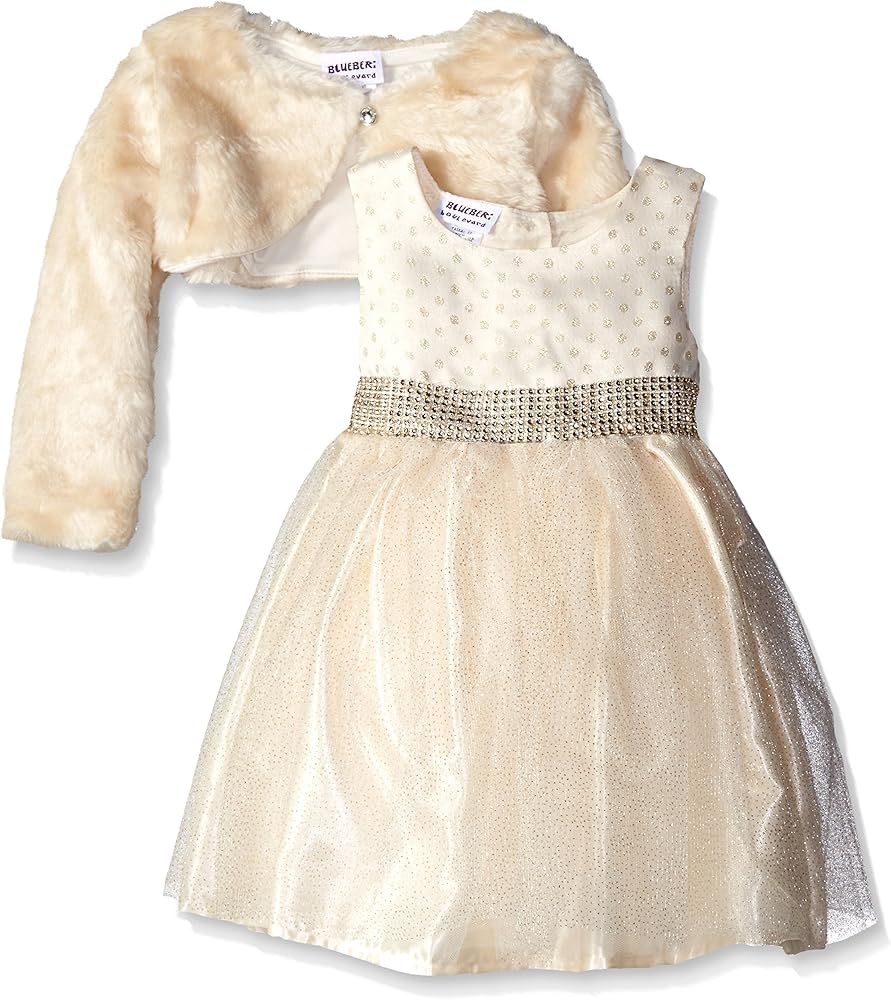 Girls' Faux Fur Shrug Beaded Waist Chiffon Dress