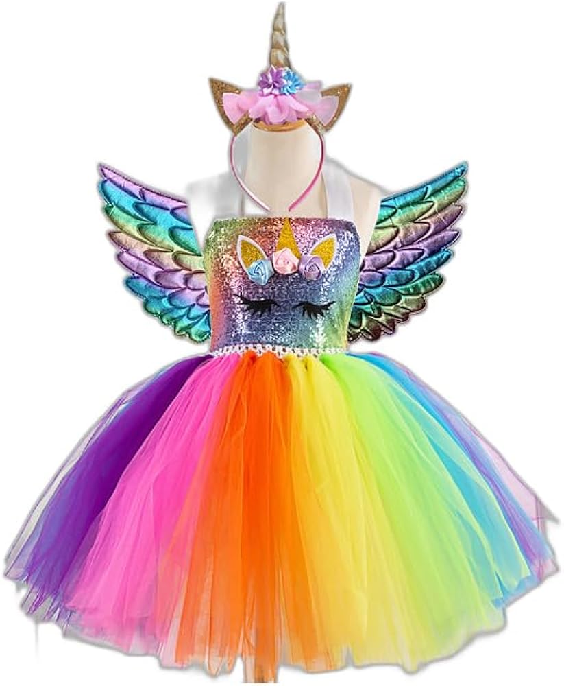 Kids Little Girls' Dress 3 Pcs Unicorn Rainbow Patchwork Birthday Party Sequins Light Blue 3-4 Years