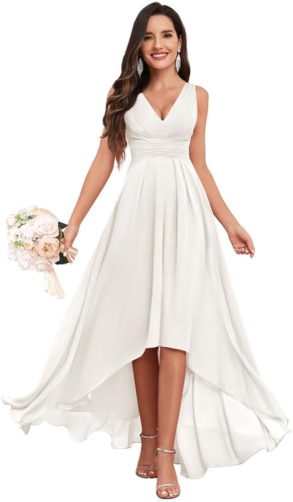 Women's V Neck Bridesmaid Dresses with Pockets Chiffon High Low Ruffle Formal Dress Evening Gowns