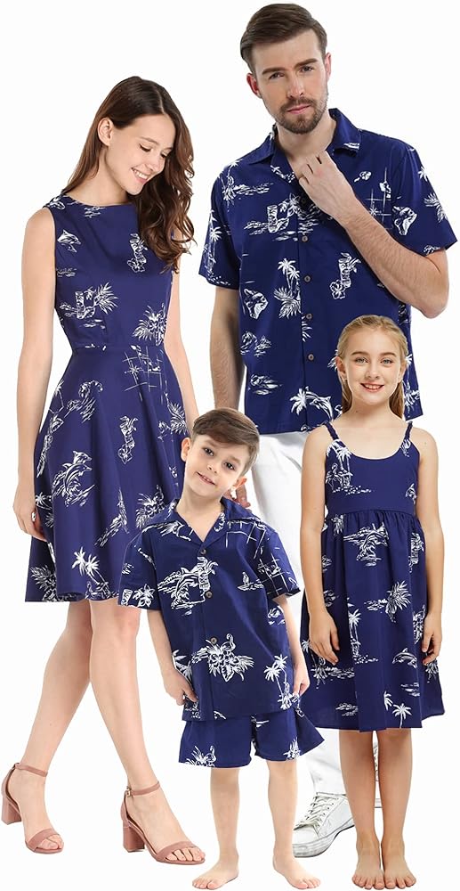 Matchable Family Hawaiian Luau Men Women Girl Boy Clothes in Classic Map Flamingo Navy