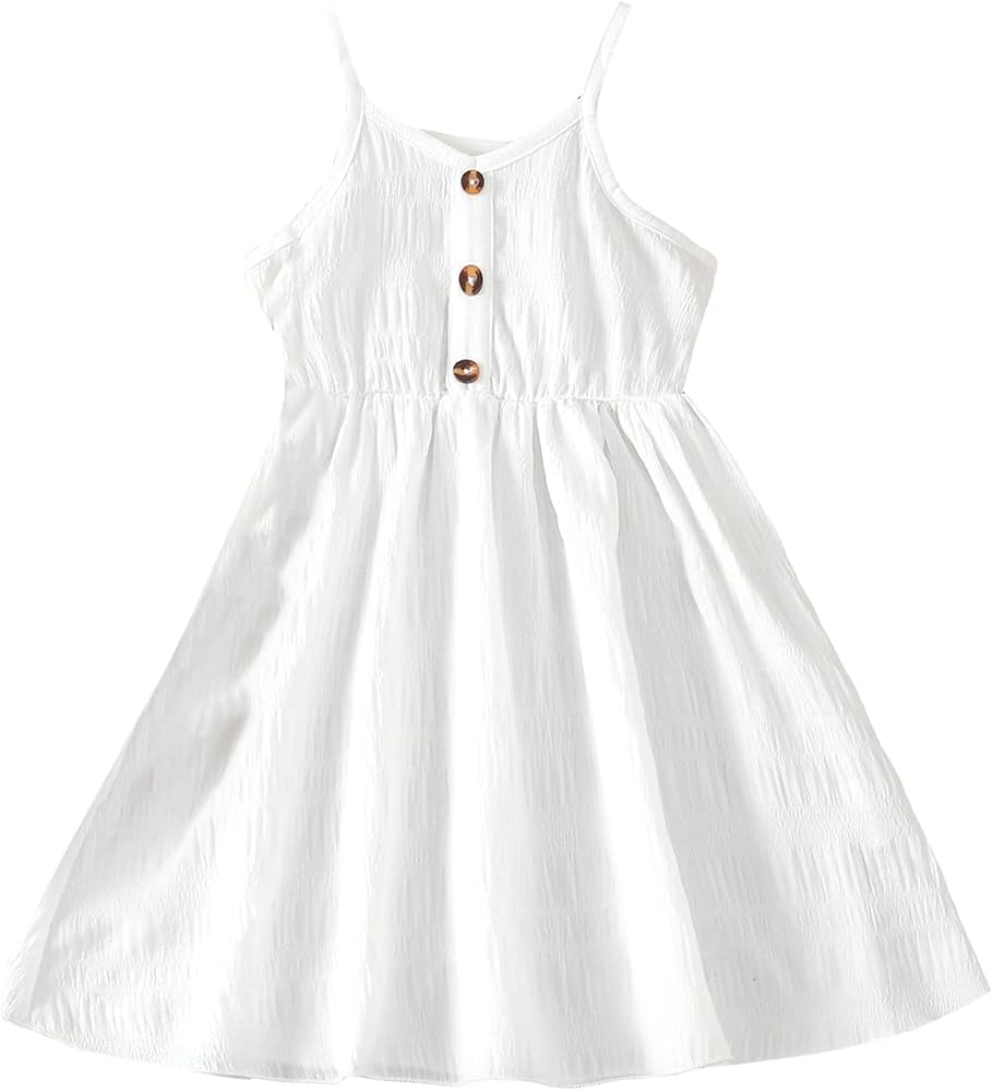 WDIRARA Toddler Girl's V Neck Button Front Spaghetti Strap Ruffle Hem Cami Dress