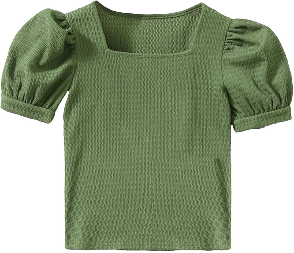 OYOANGLE Girl's Square Neck Short Puff Sleeve Tee Solid Casual Summer Blouse Tops