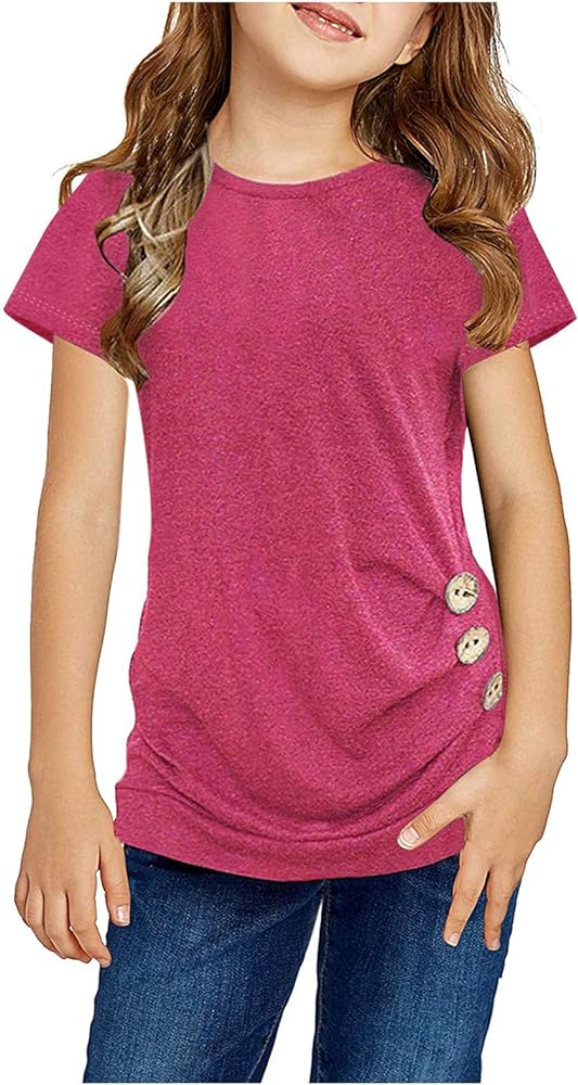 Kids Girls Casual Tunic Tops Knot Front Button Short Sleeve Blouse T-Shirt Tee Summer Clothes Old Hot Pink a 8-9 Years