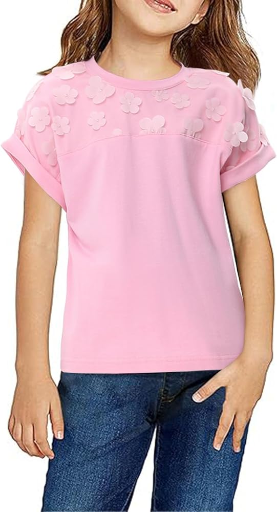 Girls Short Sleeve T-Shirt Top Solid Roll Up Cuffs Crew Neck Fashion Tees with Spliced 3D Floral 3-12Y