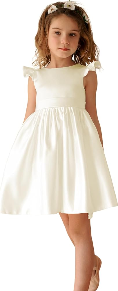 V-Back Satin Flower Girl Dress Girls Pretty Pageant for Wedding Guest First Communion Gown with Bowknot