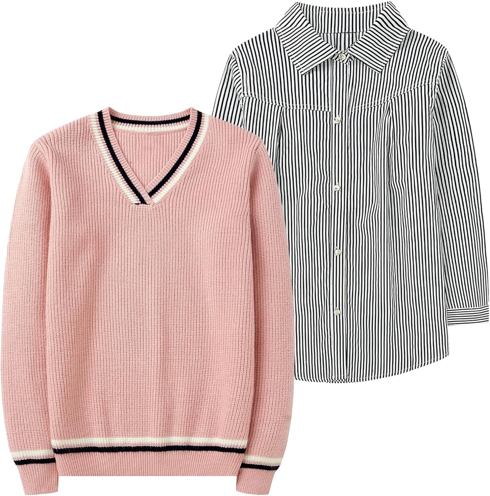 LittleSpring 2-Piece Kids V-Neck Sweater and Long Sleeve Button Down Striped Shirt Set