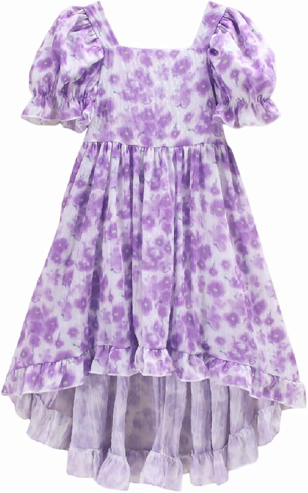 Ritatte Girls Summer Dress Puff Sleeve Square Neck Floral Print High Low Ruffle Hem Casual Midi Dresses 7-12 Years