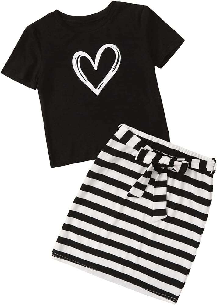 OYOANGLE Girl's 2 Piece Outfits Graphic Short Sleeve Tee Shirt and Striped Belted Skirt Set