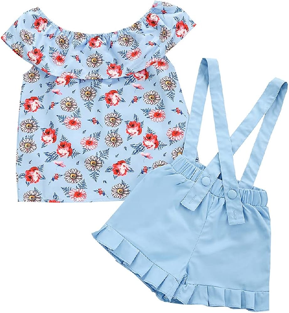 children's summer clothing,girls' floral one-shoulder blouse and suspender shorts suits.