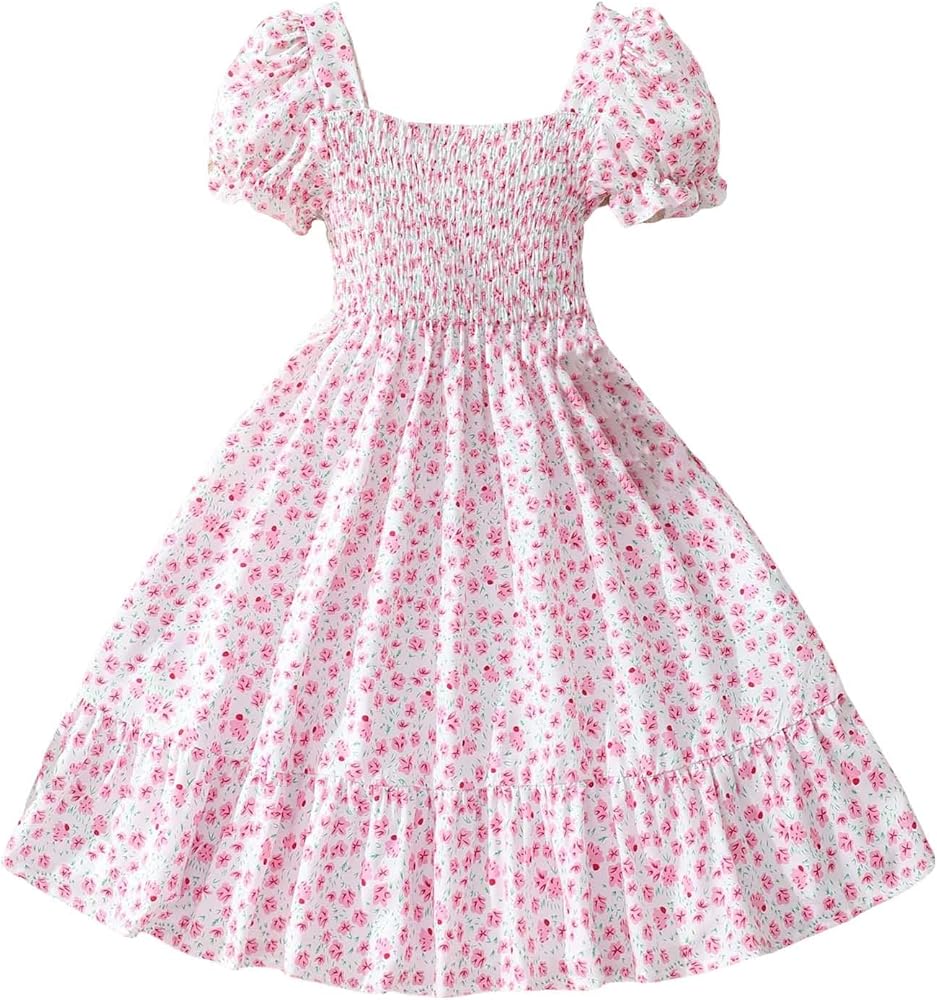 Verdusa Girl's Floral Print Puff Sleeve Square Neck Shirred Swing A Line Dress